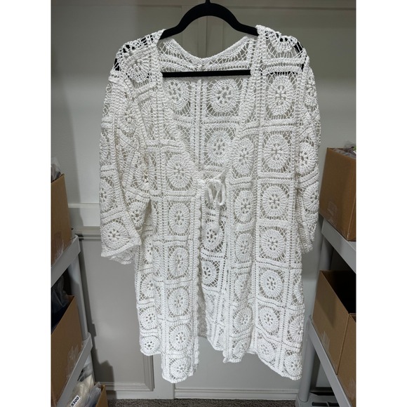 Unbranded Sweaters - Unbranded Crochet Cardigan Womens XL White Granny Square Cottagecore Beach